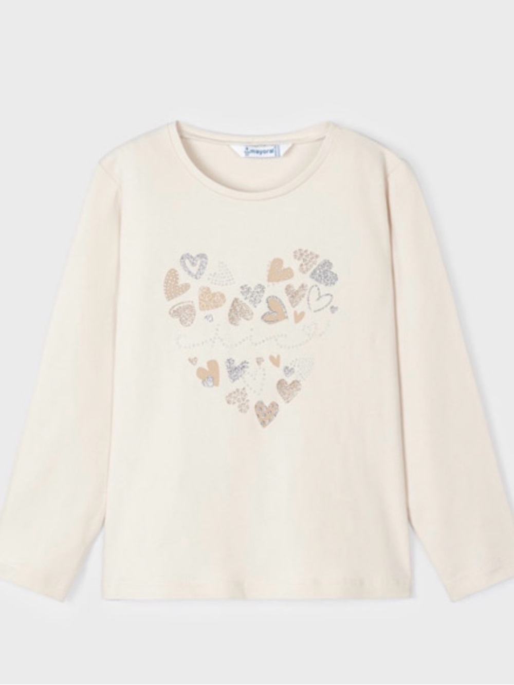 Mayoral Cream Long Sleeve Tee with Metallic and Gold Heart Motif - girls size 6
